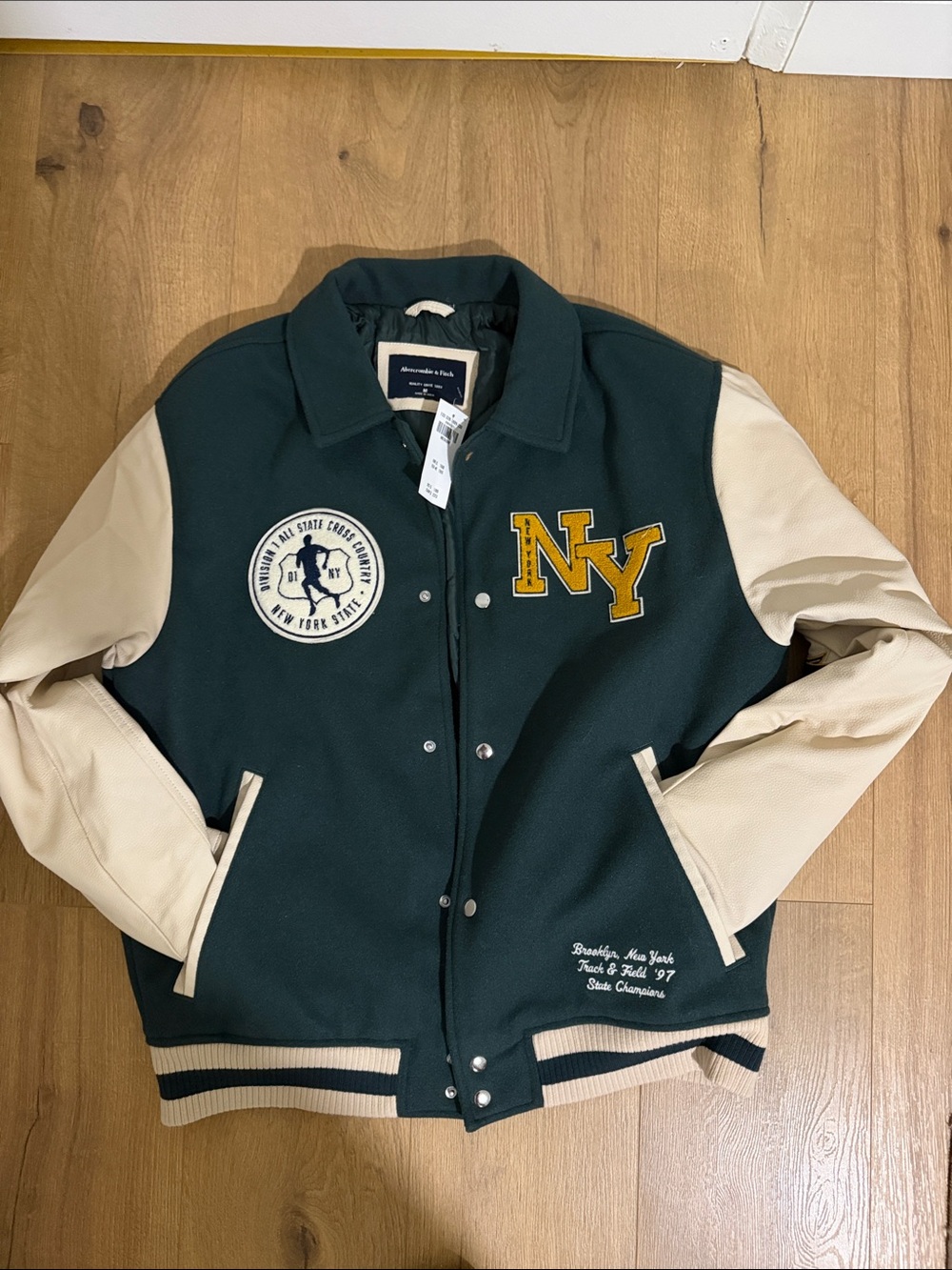 Abercrombie & Fitch Dark Green and Cream Varsity Jacket with NY Patch